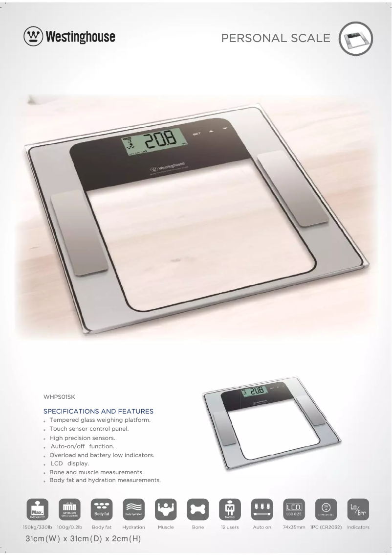 Página 1 del manual Ficha técnica Westinghouse WHPS01SK