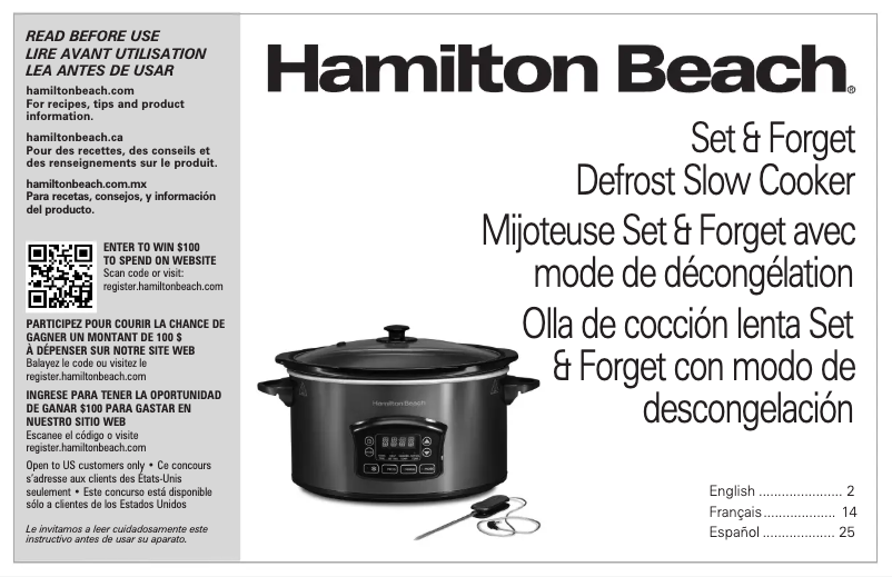 Page 1 de la notice Manuel utilisateur Hamilton Beach Set & Forget 33768