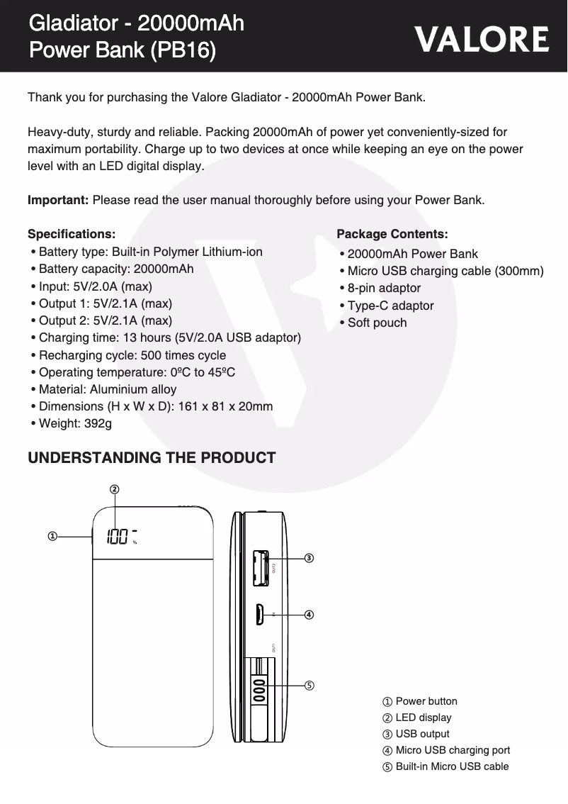 Page 1 de la notice Manuel utilisateur Valore PB16