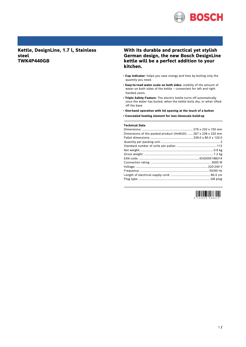 Page 1 de la notice Fiche technique Bosch DesignLine TWK4P440