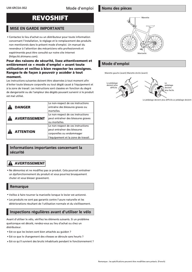 Page 1 de la notice Manuel utilisateur Shimano SL-RV300-6R