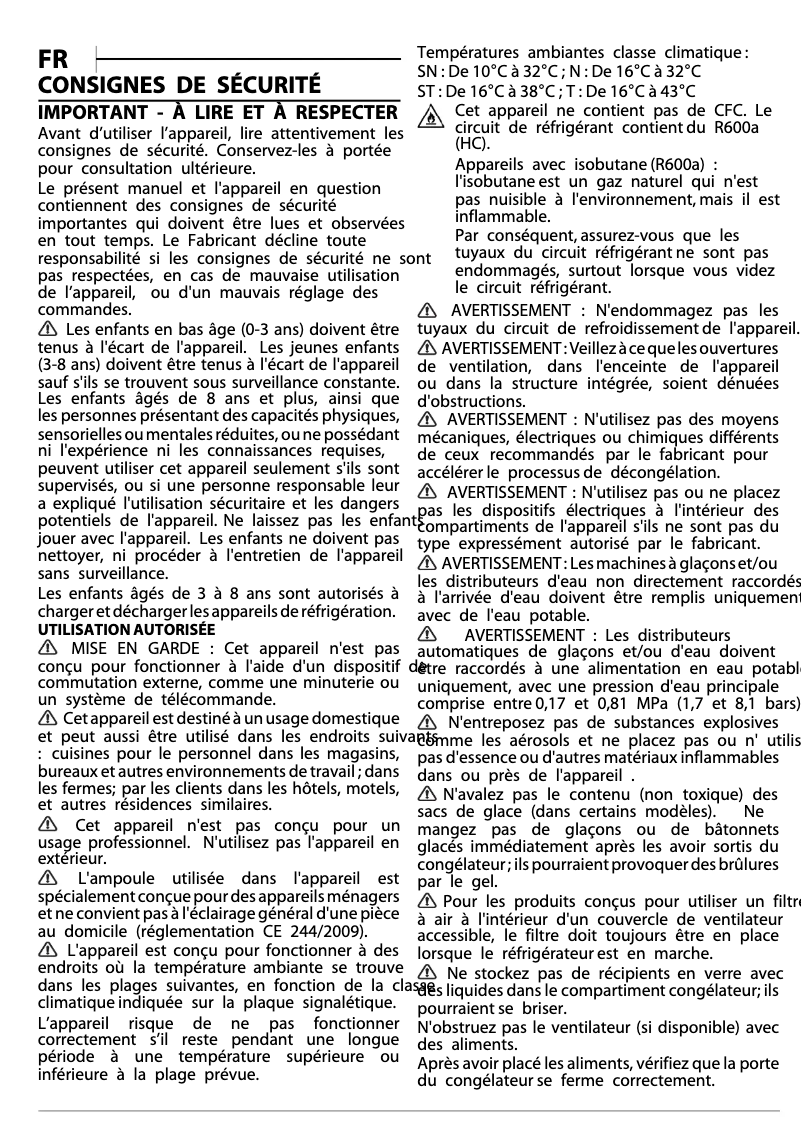 Page 1 de la notice Instructions de sécurité Whirlpool CF 430 A+ FO