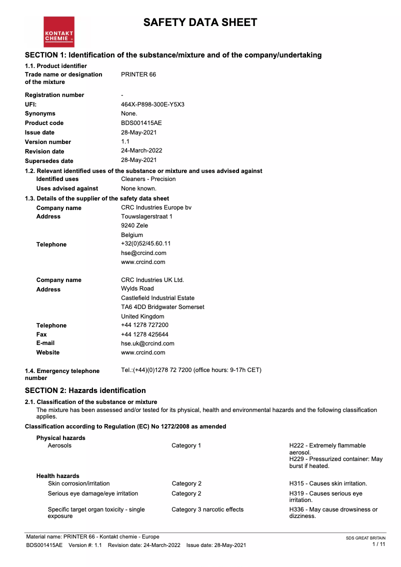 Page 1 de la notice Manuel utilisateur Kontakt Chemie PRINTER 66