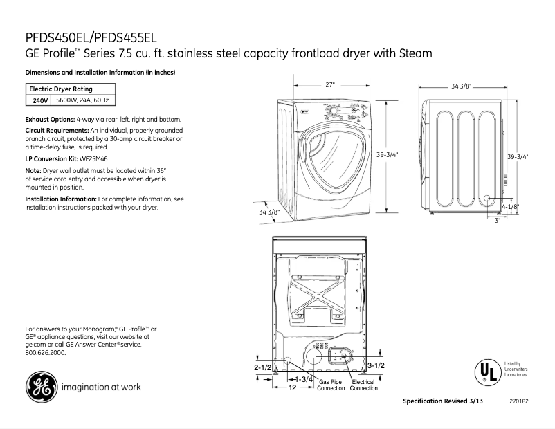 Page 1 of the manual Technical Sheet GE PFDS455ELMG
