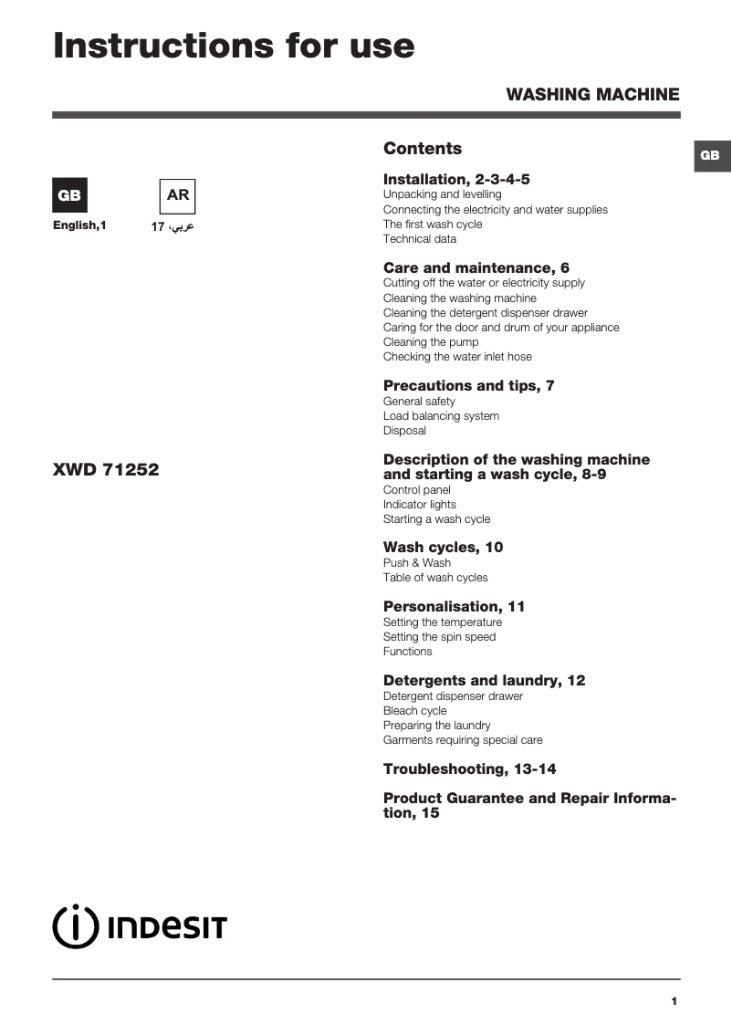 Image de la première page du manuel de l'appareil XWD 71252 S UK