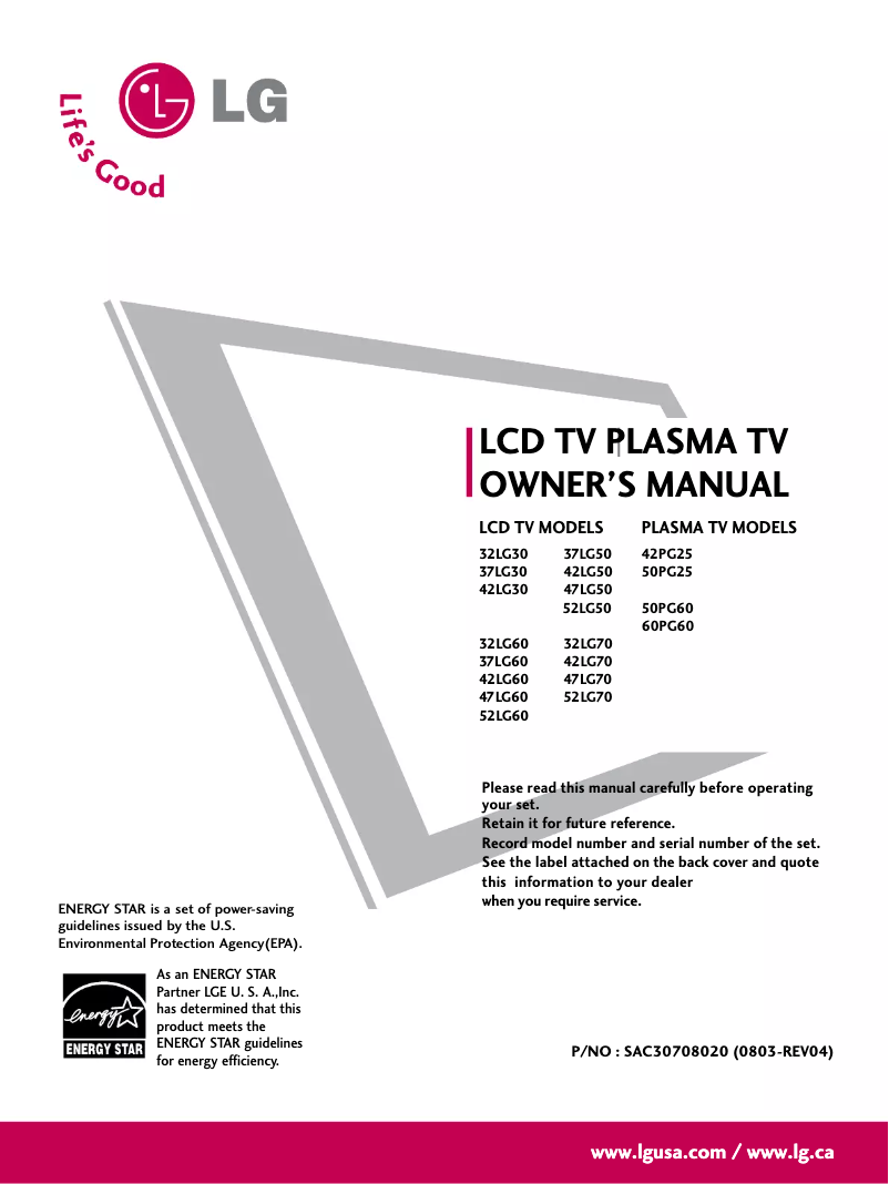 Page 1 de la notice Manuel utilisateur LG 50PG60