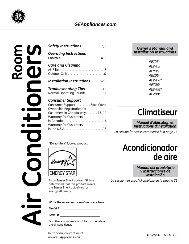 Page 1 de la notice Guide d'installation GE AEZ08LP