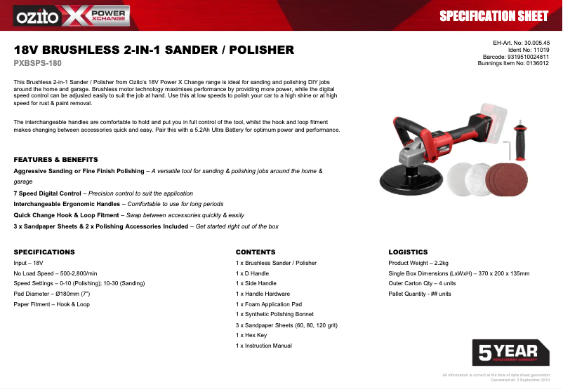Page 1 de la notice Fiche technique Ozito PXBSPS-180