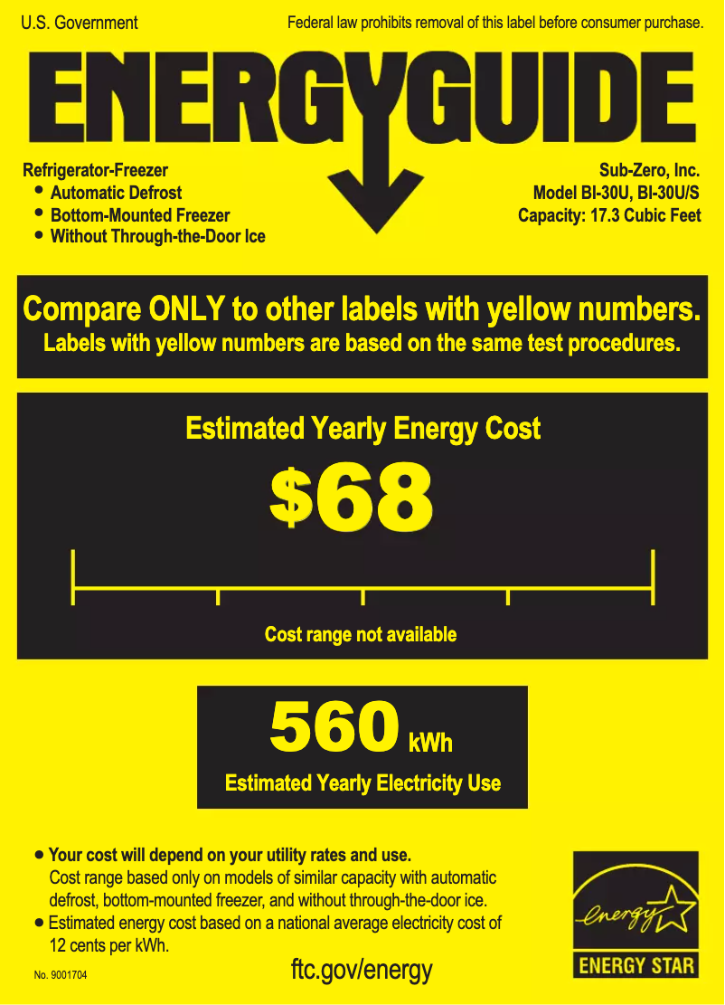 Page 1 de la notice Label énergétique Sub-Zero BI-30U/S/TH-RH
