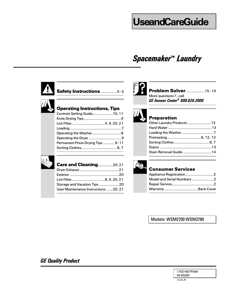 Page 1 de la notice Manuel d'utilisation et d'entretien GE Spacemaker WSM2700HWW