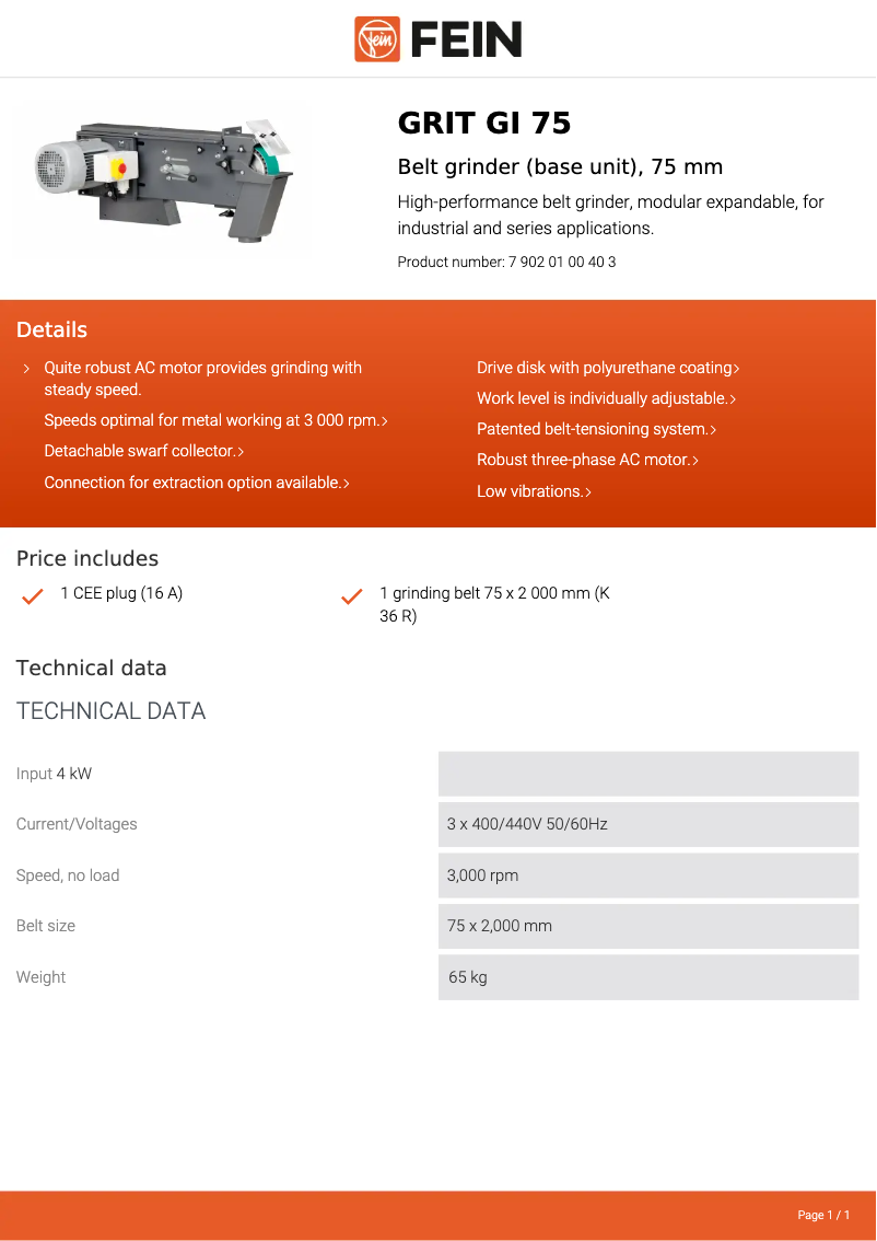 Page 1 de la notice Fiche technique Fein GRIT GI 75