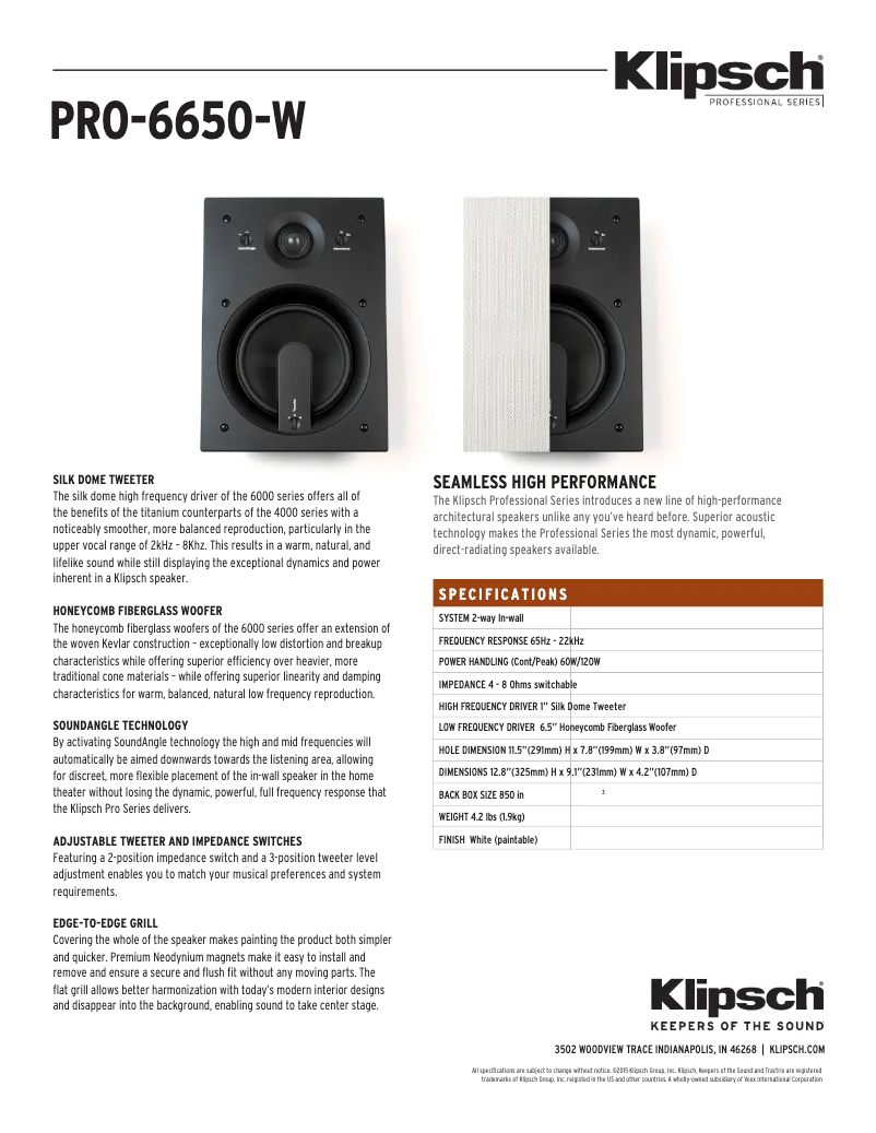 Page 1 de la notice Fiche technique Klipsch PRO-6650-W