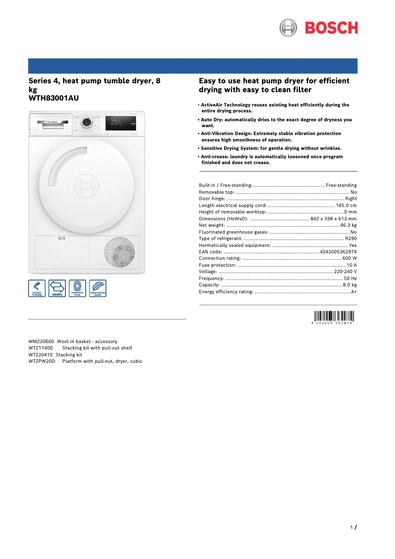 Page 1 de la notice Fiche technique Bosch WTH83001AU
