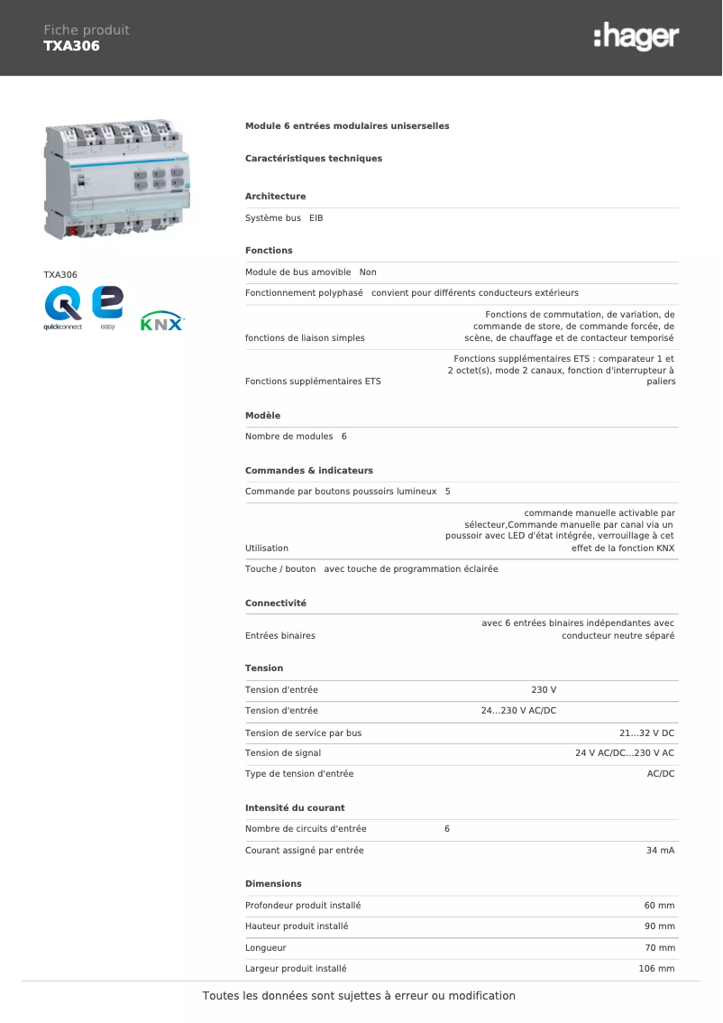 Page 1 de la notice Fiche technique Hager TXA306