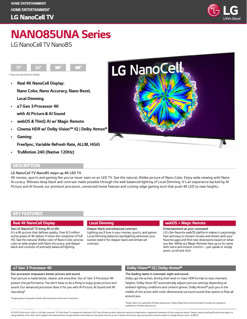Page 1 of the manual Technical Sheet LG 75NANO85UNA