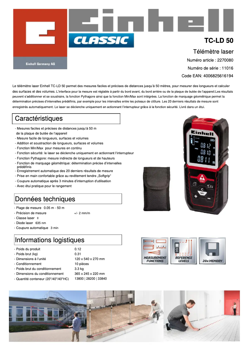 Page 1 de la notice Fiche technique Einhell TC-LD 50