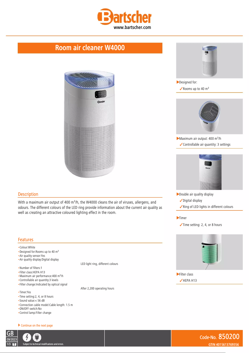 Página 1 del manual Ficha técnica Bartscher W4000