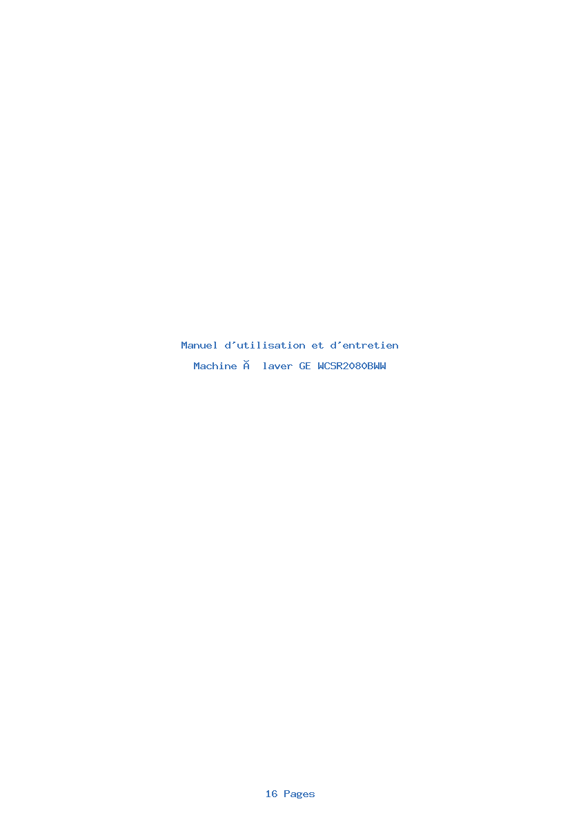 Page 1 de la notice Manuel d'utilisation et d'entretien GE WCSR2080BWW