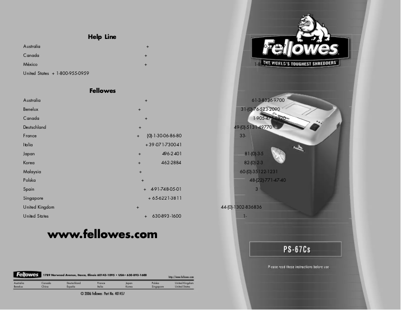 Page 1 de la notice Manuel utilisateur Fellowes Powershred PS-67Cs