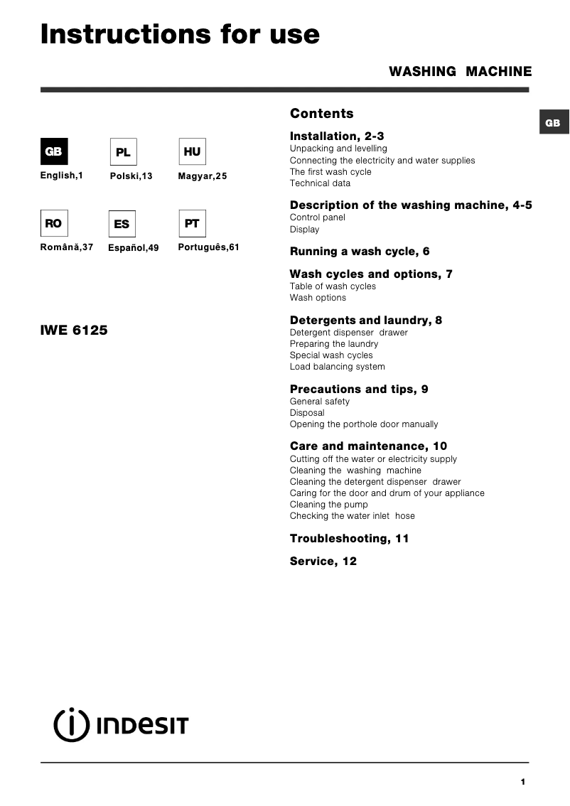 Página 1 del manual Manual de usuario Indesit IWE 6125 B