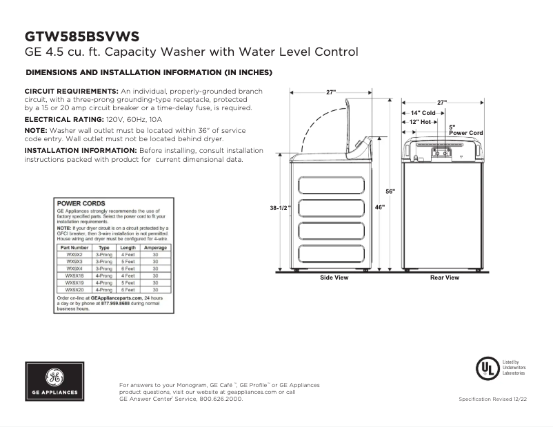 Página 1 del manual Ficha técnica GE GTW585BSVWS