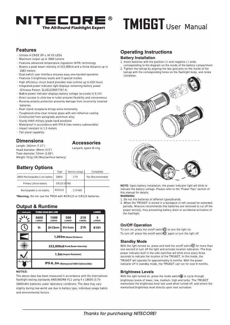 Page 1 de la notice Manuel utilisateur Nitecore TM16GT