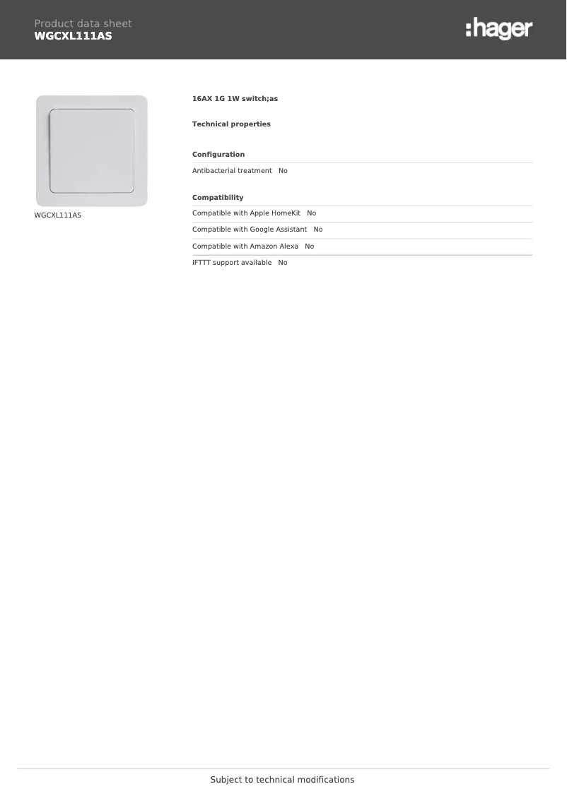 Page 1 de la notice Fiche technique Hager WGCXL111AS