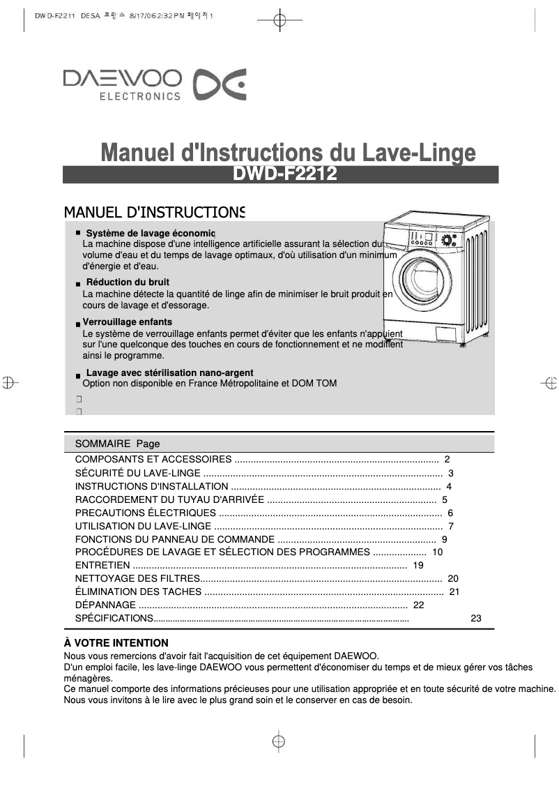 Page 1 de la notice Manuel utilisateur Daewoo DWD-F2212