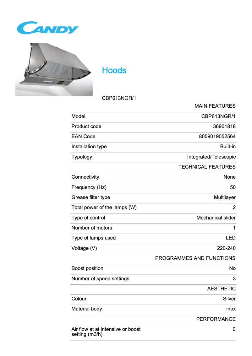 Page 1 of the manual Technical Sheet Candy CBP613NGR/1