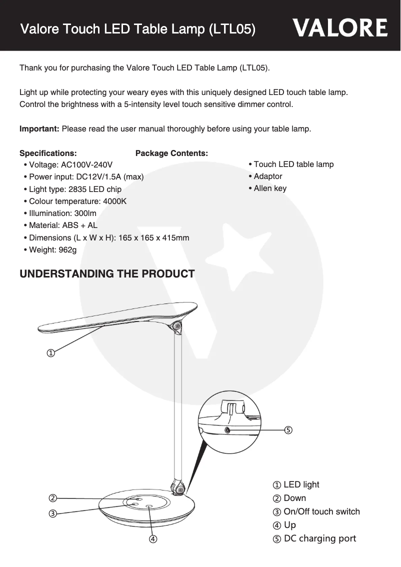 Page 1 de la notice Manuel utilisateur Valore LTL05