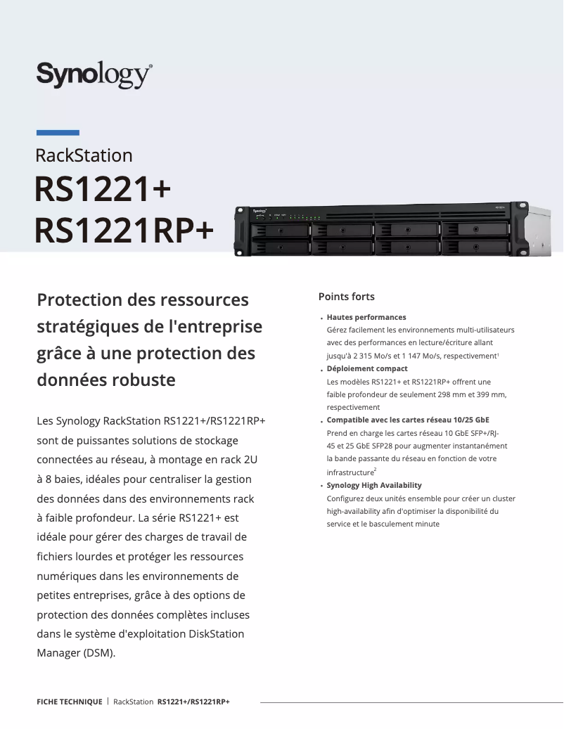 Page 1 de la notice Fiche technique Synology RackStation RS1221RP+