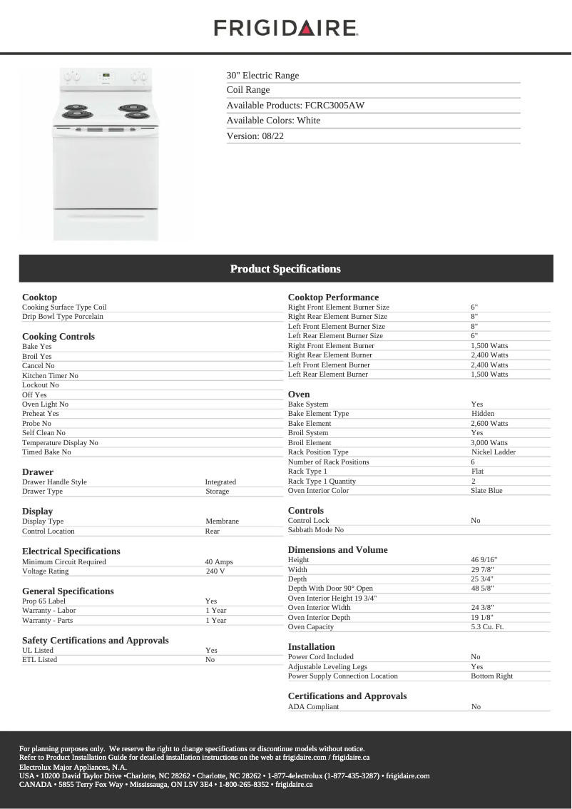 Page 1 de la notice Fiche technique Frigidaire FCRC3005AW