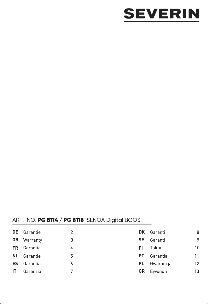 Page 1 de la notice Informations de garantie Severin Senoa Digital Boost PG 8118