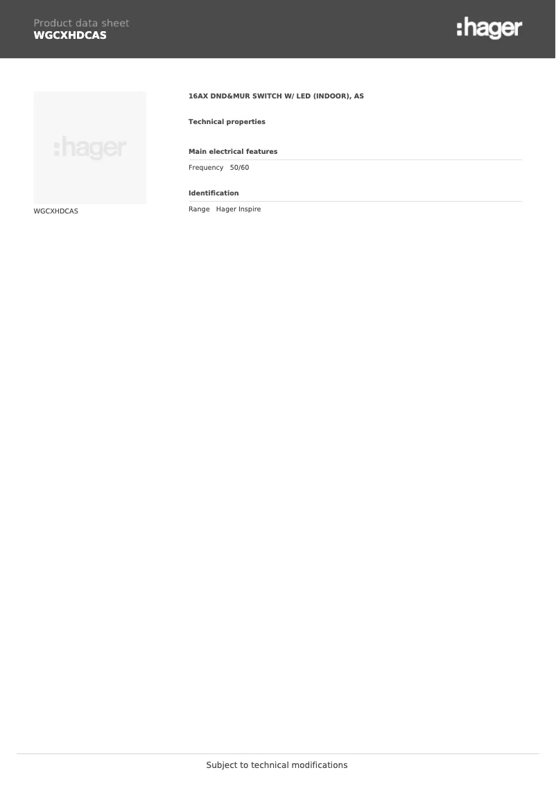 Page 1 de la notice Fiche technique Hager WGCXHDCAS