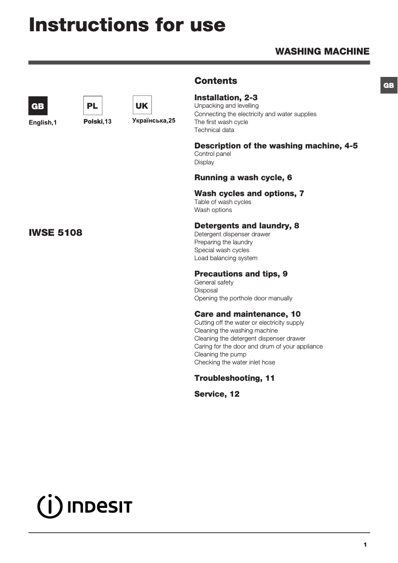 Página 1 del manual Manual de usuario Indesit IWSE 5108 B