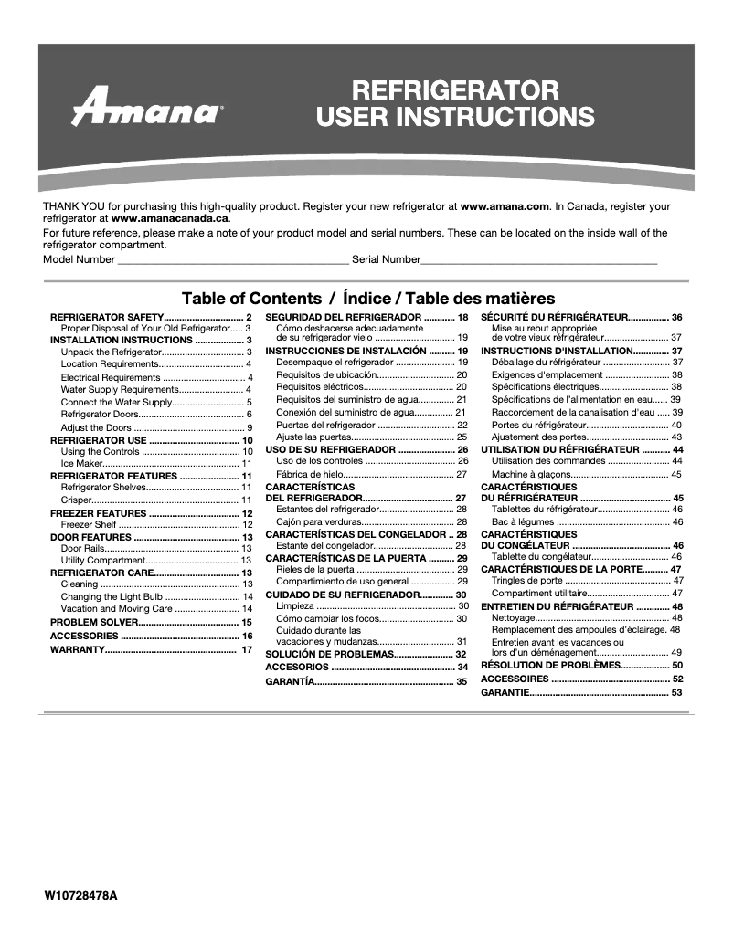 Page 1 de la notice Manuel utilisateur Amana ART318FFDW