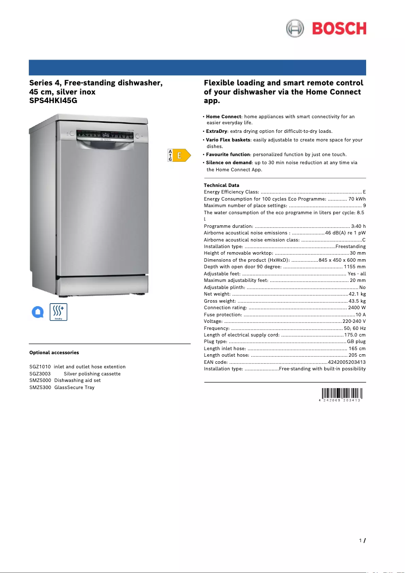 Page 1 of the manual Technical Sheet Bosch SPS4HKI45G