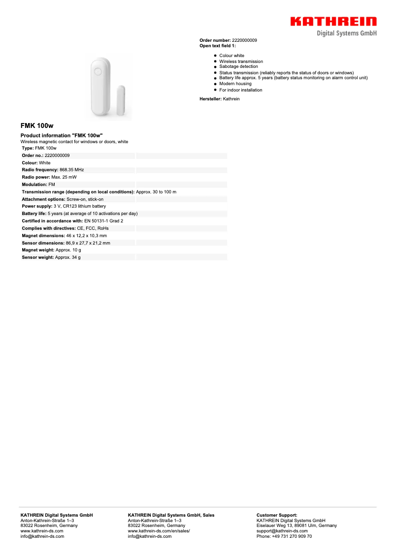 Page 1 de la notice Fiche technique Kathrein FMK 100w