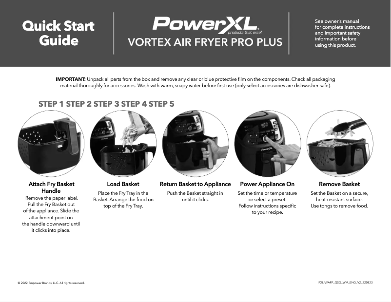 Page 1 de la notice Guide de démarrage rapide PowerXL Vortex Pro Air Fryer Plus  AF-E8001-C