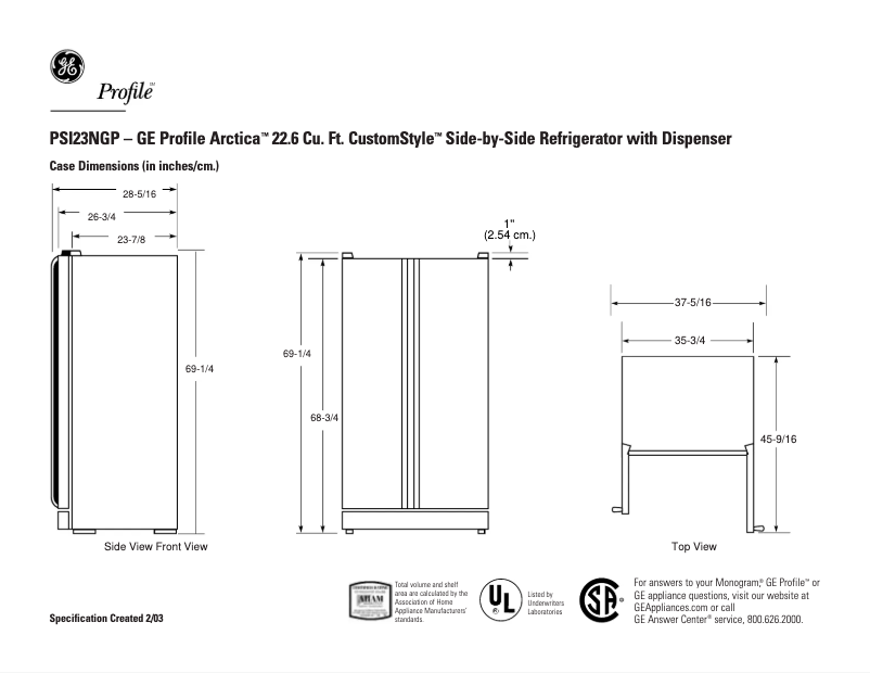 Page n°1 - Fiche technique GE Profile CustomStyle PSI23NGPWW