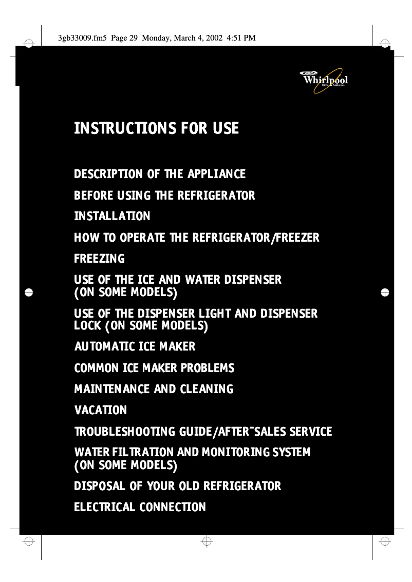 Page 1 de la notice Manuel utilisateur Whirlpool S25B RSB31-A/G