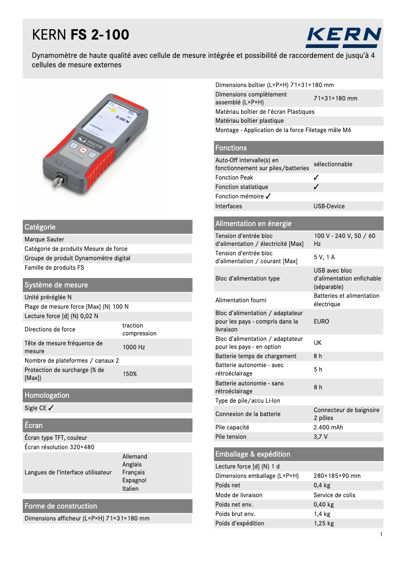 Page 1 de la notice Fiche technique Kern FS 2-100