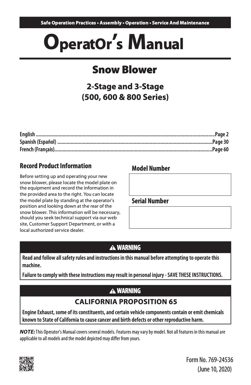Page 1 de la notice Manuel utilisateur Troy-Bilt Arctic Storm 30