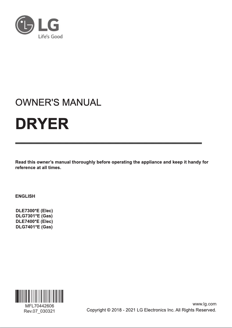 Page 1 de la notice Manuel utilisateur LG DLE7400VE