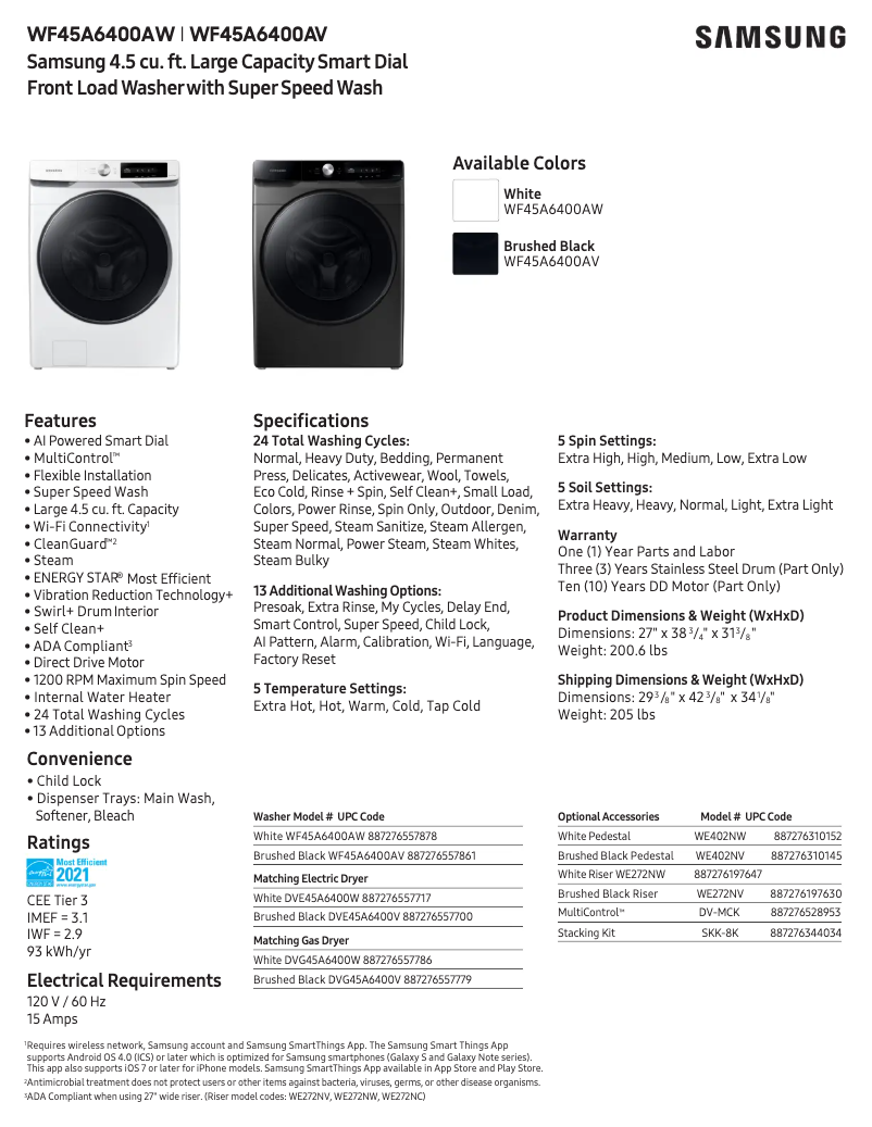 Página 1 del manual Ficha técnica Samsung WF45A6400AV