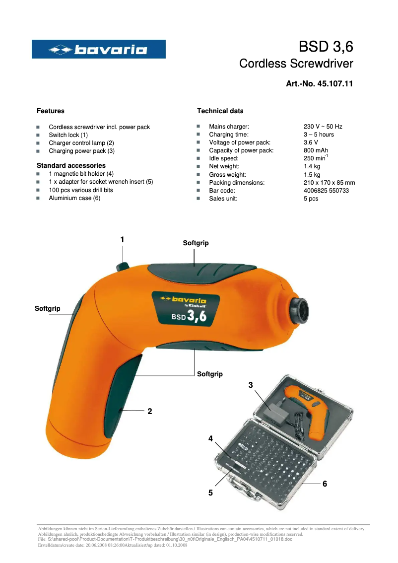 Page 1 de la notice Manuel utilisateur Bavaria by Einhell BSD 3.6