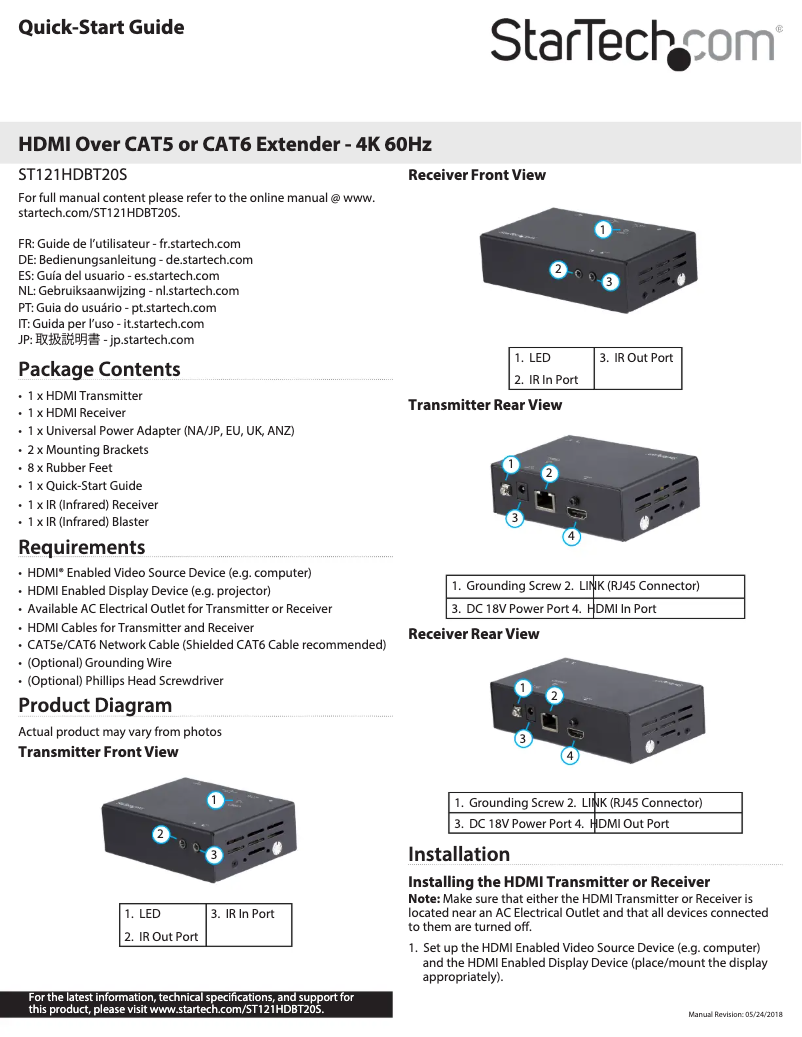 Page 1 de la notice Manuel utilisateur StarTech.com ST121HDBT20S