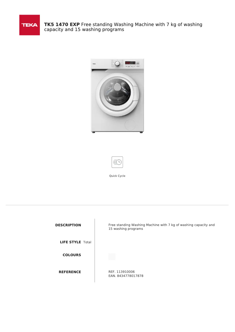 Page 1 de la notice Fiche technique Teka TK5 1470