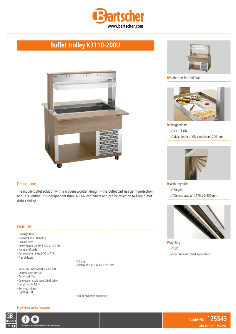 Page 1 de la notice Fiche technique Bartscher K3110-200U