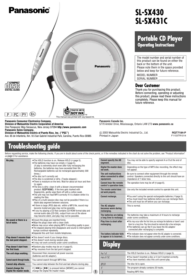 Page 1 de la notice Manuel utilisateur Panasonic SL-SX431C